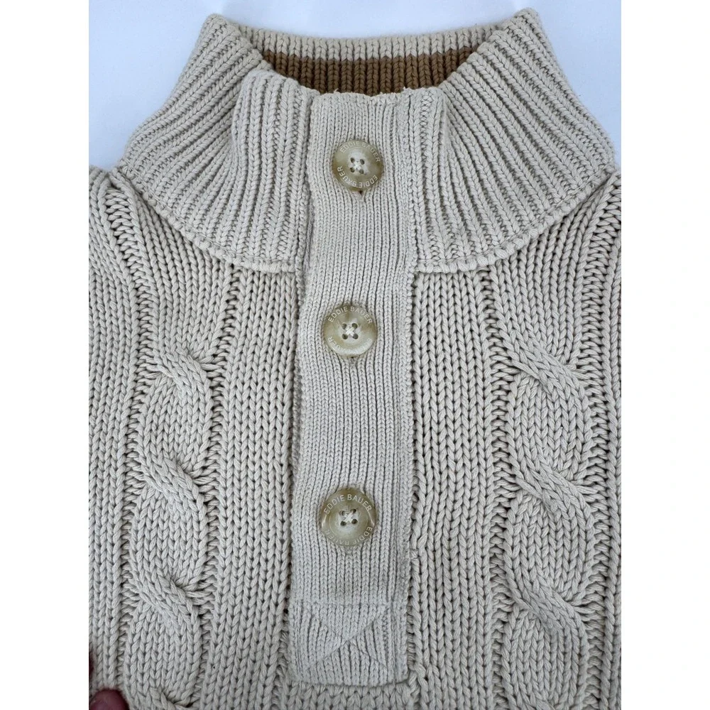 Eddie Bauer‎ Fishermans Sweater Large Mens Cable Knit Mock Neck Button Beige - Picture 8 of 15